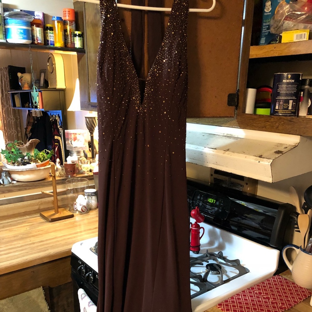Sexy Beaded Brown Evening Gown